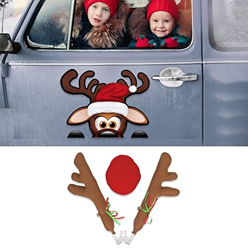 קרני איילים של איילים של איילים ואף לחג המולד + מדבקות איילים לרכב | ערכת קישוט לרכב עם איילים קרניים